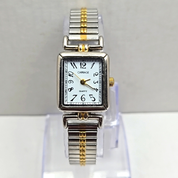 Womens Carriage by Timex Tank Watch Silver Gold Two Tone Stretch New Battery - Picture 1 of 10